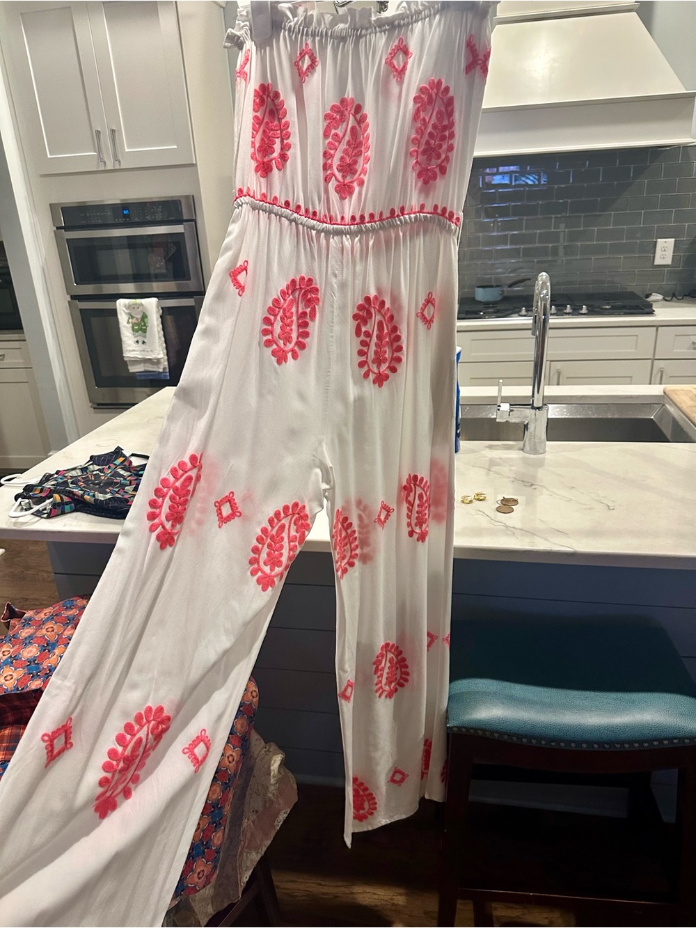 Elan White Strapless Jumpsuit with Pink Embroidery & Belt